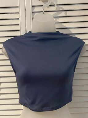 Revamped Mock Neck Crop Top in Slate Blue